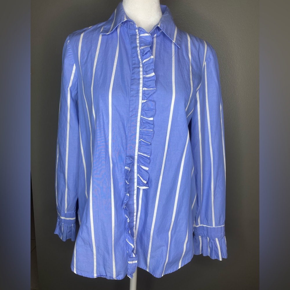 ZARA 100% Cotton Blue & White Striped Ruffle Button-Up Blouse - Size S